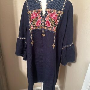 Johnny Was Navy Embroidered Tunic with Floral Design